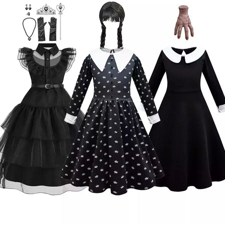 Crianças addams traje do bebê meninas família cosplay traje de halloween crianças família dança vestido preto quarta-feira pageant fantasia