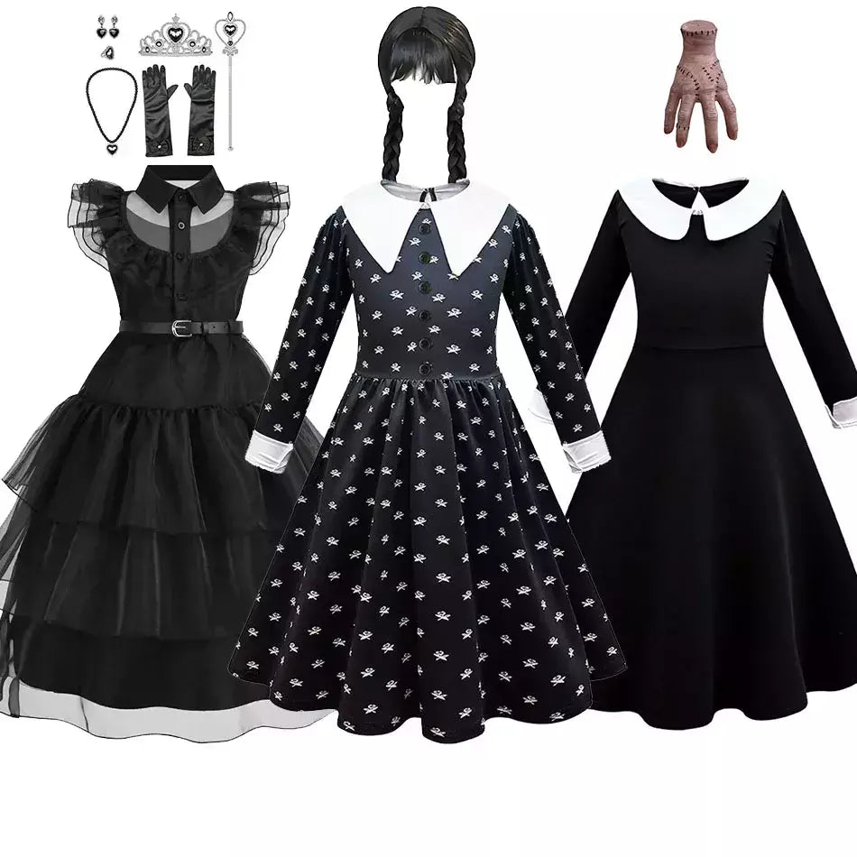 Crianças addams traje do bebê meninas família cosplay traje de halloween crianças família dança vestido preto quarta-feira pageant fantasia