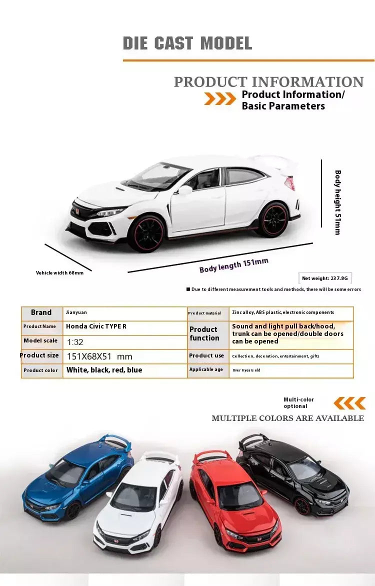 1:32 honda civic tipo-r liga carro esportivo diecast modelo de metal carro ornamentos de controle central modelo de carro em miniatura crianças brinquedos presente