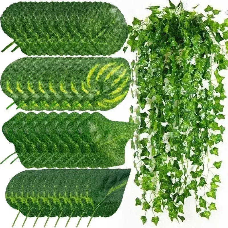 Folha de hera verde artificial rattan trepadeira folhas videira pendurado guirlanda diy flores falsas plantas para jardim festa de casamento decoração de casa