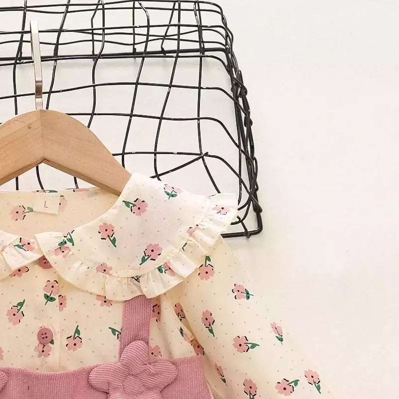 Outono novas meninas recém-nascidas vestido de manga longa dos desenhos animados fragmentado flor lapela bebê vestido de princesa flor cinta vestido