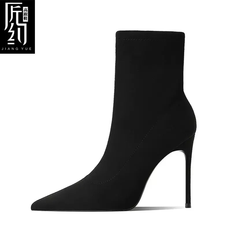 Botas de tornozelo femininas de inverno vermelho brilhante bottoms meias de malha botas outono 2025 nova moda botas de estiramento sexy feminino salto alto fem