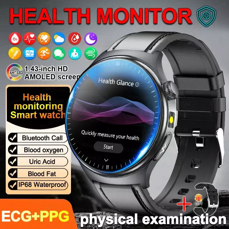2026 novo relógio inteligente masculino feminino exame micro-físico ecg + ppg oxigênio no sangue ácido úrico pressão arterial safira smartwatch masculino