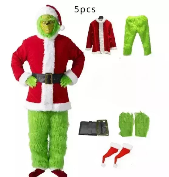 Conjunto de fantasia de papai noel, festa de natal, baile, adulto, dramatização, roupa verde, monstro desgrenhado, dia das bruxas, cosplay, luvas, máscara