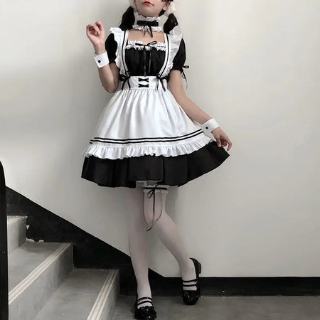 Preto branco lolita empregada traje cosplay trajes bonito vestido sexy avental francês uniforme café empregada festa saia roupas femininas
