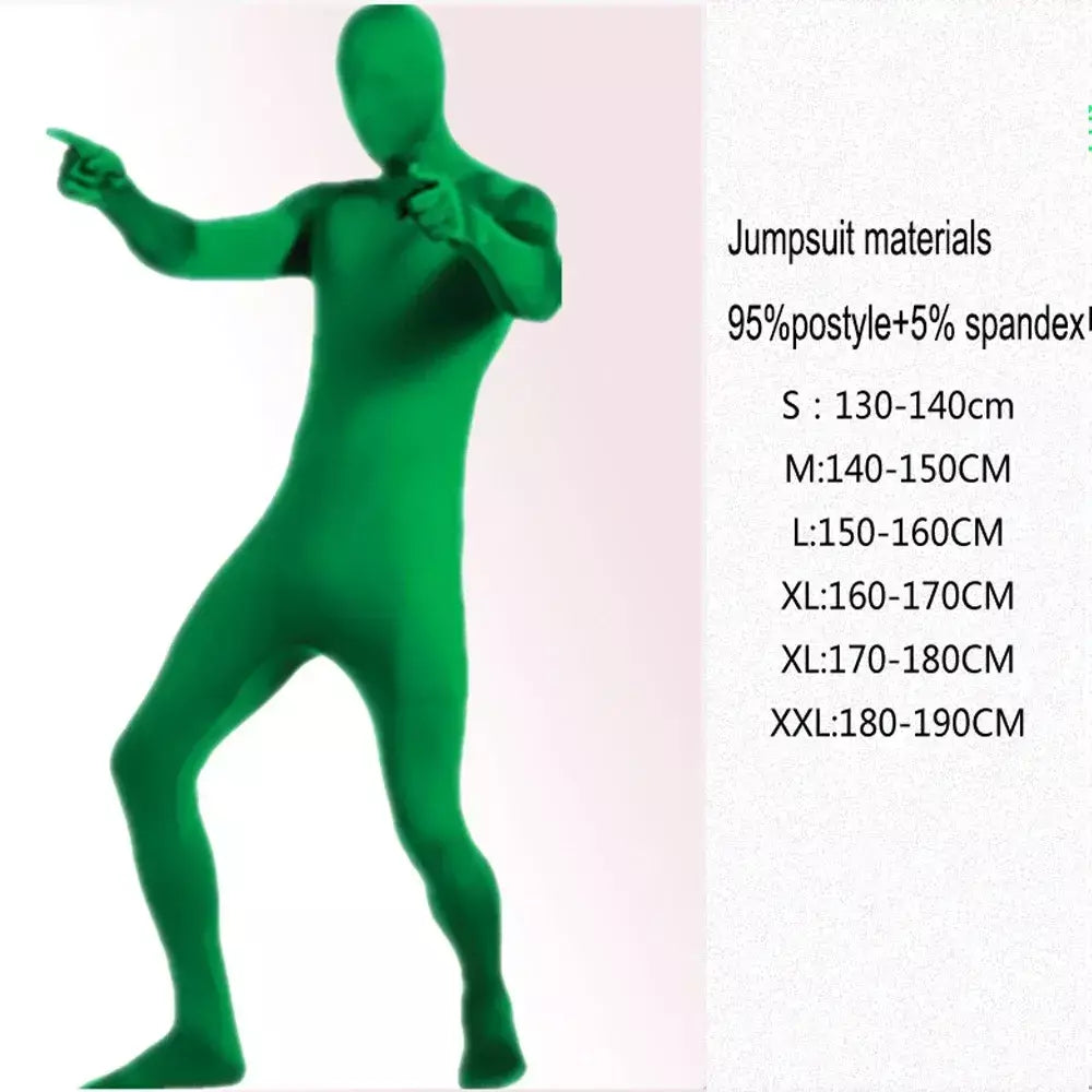 Invisibility Cosplay Fato Infantil e Adulto Macacão de Halloween Show de Palco Fato Apertado Verde Preto, Roupa de Fibra de Leite, Performance