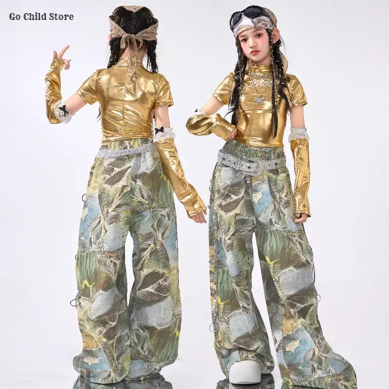 Girls Hip Hop Shiny Golden Crop Top Patchwork Jeans Pants Kids Streetwear Child Jazz Girl Group Costumes K-pop Retro Clothes Set