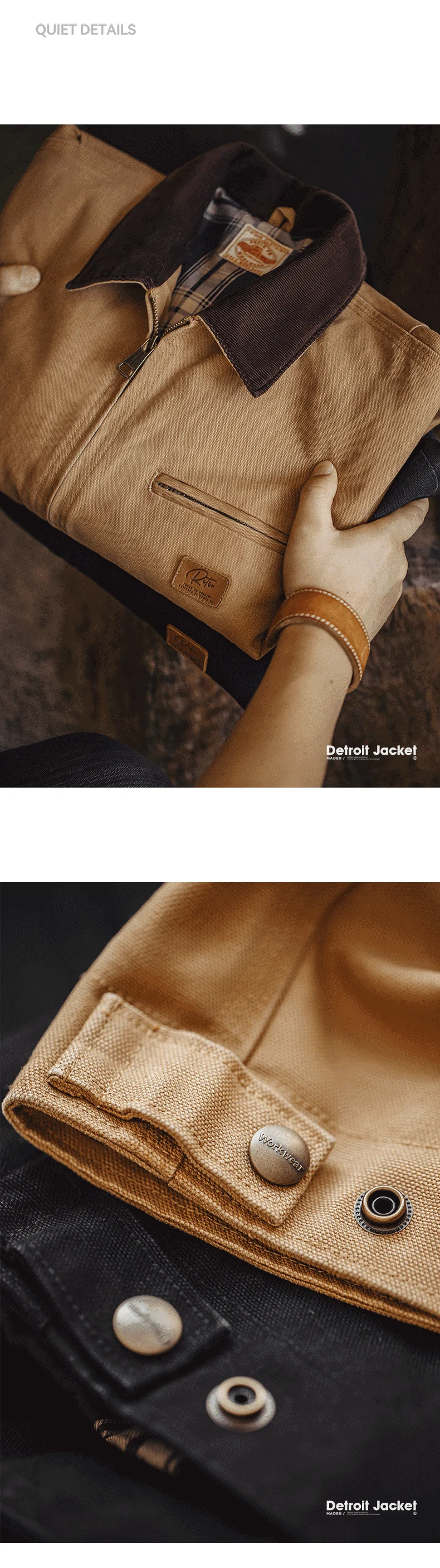 Maden J001 - Casaco de Caça Régua Detroit para Homem de Outono, Tecido de Lã Retro, Bolsos de Algodão Resistente, Design de Colarinho Lapel e Fechadura Ziper