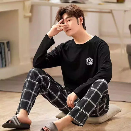Pijama masculino de manga comprida de duas peças, pijama de seção fina, terno de lazer, tamanho grande, primavera e outono