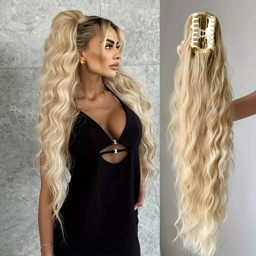 Aoosoo sintético água rabo de cavalo extensão do cabelo clipe no rabo de cavalo da mulher acessórios para o cabelo longo encaracolado peruca natural encaracolado preto