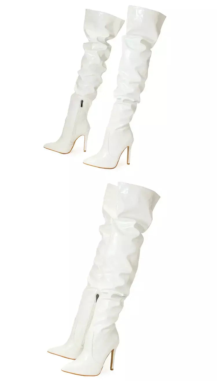 Eilyken-Patent Leather Apontado Toe Salto Alto para Mulheres, Botas Vermelhas Sobre o Joelho, Sapatos de Zíper Lateral, Stiletto Sólido, Calçado Feminino