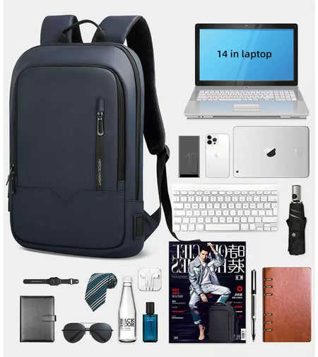 Mochila HK Slim para Homens, Sacos de Laptop, Impermeável, Minimalista, Negócios, Carregamento USB, Casual, Viagem, Trabalho, 15,6";;VERDADEIRO;;"8228-Black