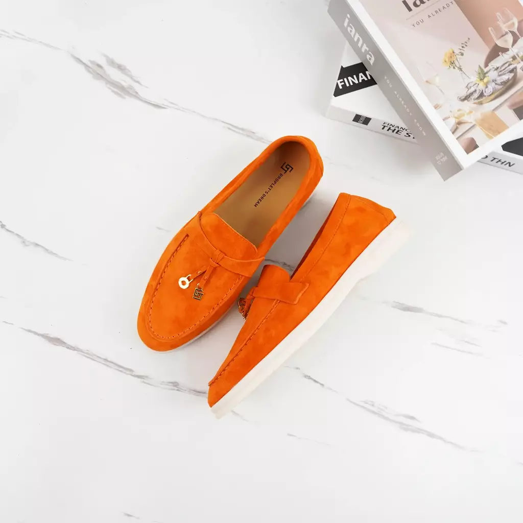 Sapatos de mula de camurça antiderrapante para mulheres, sapatos para dirigir, pingente de metal, marca de luxo, moda casual confortável, Le Fu
