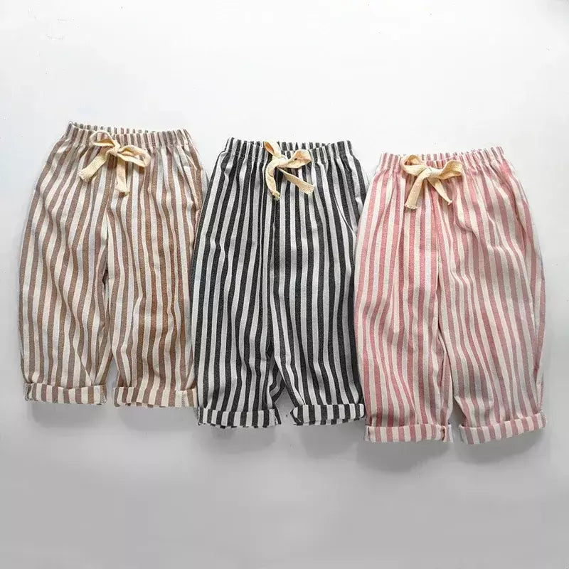 Primavera verão meninos listrado calças soltas bebê menina vintage casual linho algodão harlan calças crianças rendas-up calça crianças roupas