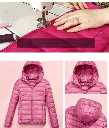 Casaco fino leve com capuz de pato para mulheres, casaco curto fino, streetwear quente, branco, plus size, casacos, outono, inverno, 2023