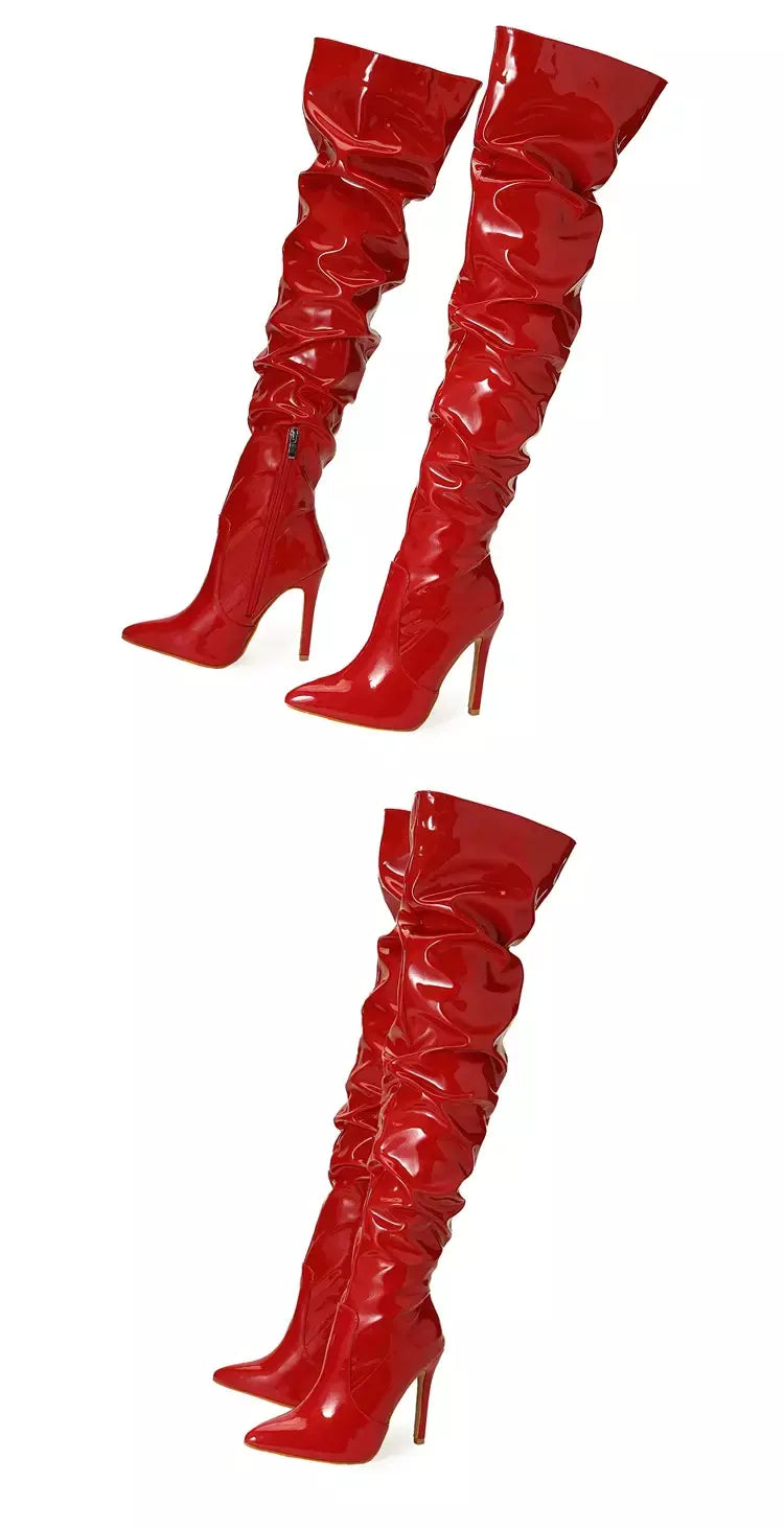 Eilyken-Patent Leather Apontado Toe Salto Alto para Mulheres, Botas Vermelhas Sobre o Joelho, Sapatos de Zíper Lateral, Stiletto Sólido, Calçado Feminino