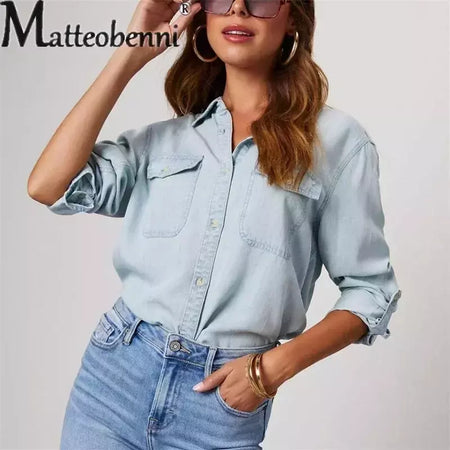 Camisa jeans fina de peito único feminina, bolso de emenda, manga longa, tops de lapela, confortável, blusa casual para mulheres, outono