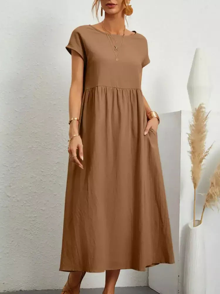 Vintage sólido midi vestido casual manga curta algodão e linho harajuku oversized vestido longo feminino verão y2k maxi vestido de verão 2023