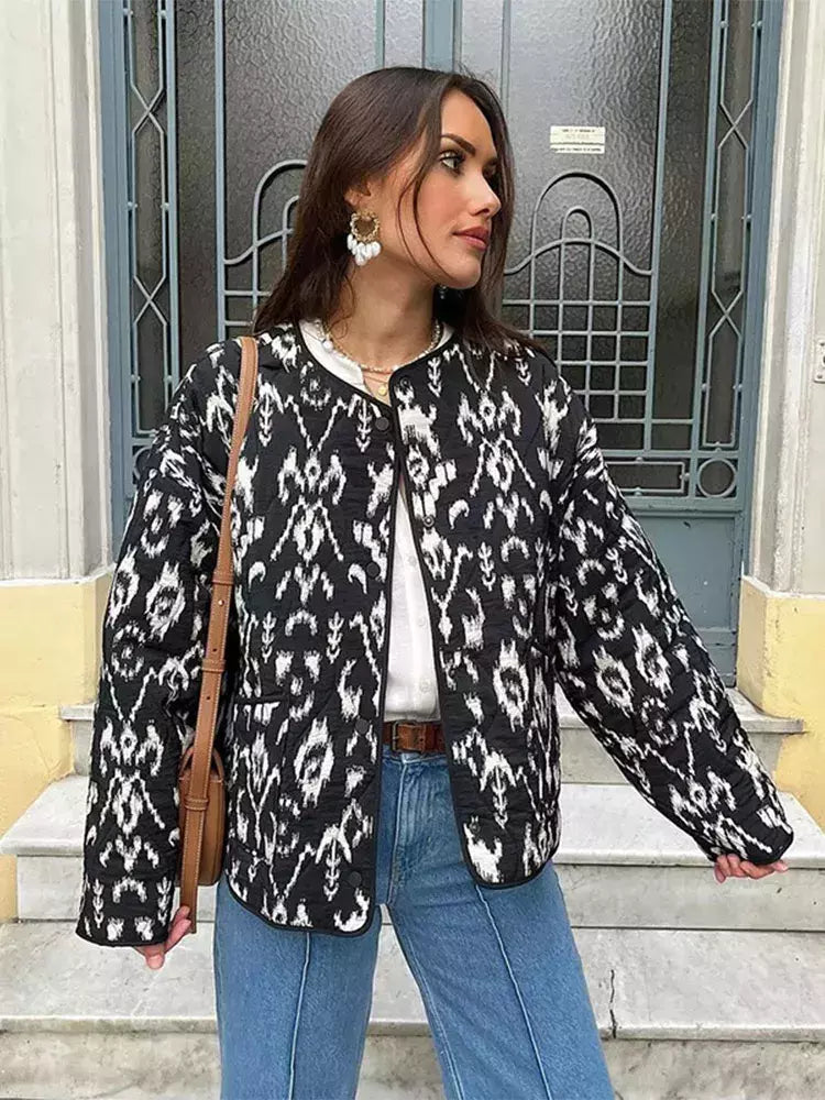 Casaco de algodão estampado de peito único feminino, bolsos elegantes, jaqueta de mangas compridas, streetwear com gola O, moda senhora, outono, inverno, 2024