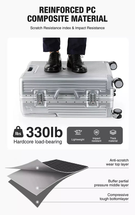 AIWEINY 2025 Mala de viagem rígida com estrutura em alumínio, resistente à pressão, com rodas omnidirecionais silenciosas de 360°, suporte para copos e prateleira, com fechadura TSA.