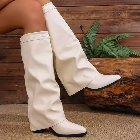 Moda plissada bota de salto alto outono novo tamanho grande estilo britânico calças de tubo alto bota feminina transfronteiriça lindamente