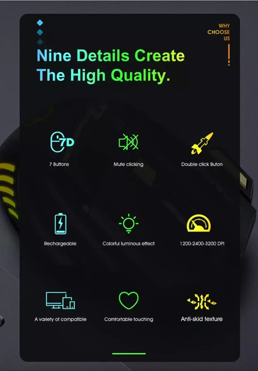 GW 2.4G e Bluetooth Mouse Sem Fio Silencioso Recarregável Luz de Respiração 7 Teclas DPI Sensor Óptico Ajustável Mouse Jogo Escritório