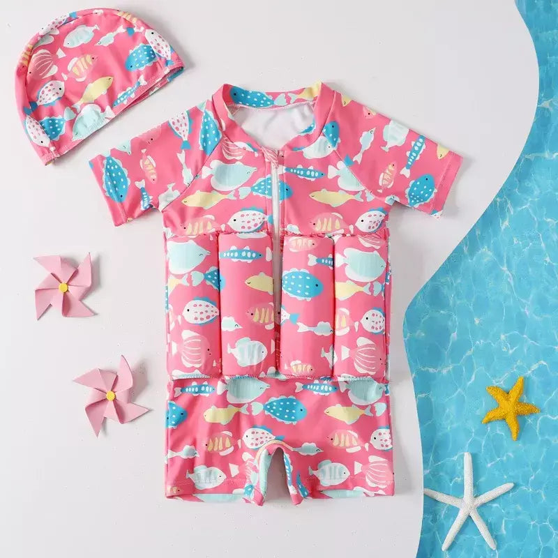 Maiô flutuante para crianças, roupa de banho de uma peça para crianças, flutuante, proteção contra queimaduras, estampa de desenho animado, meninas, meninos, roupas de natação