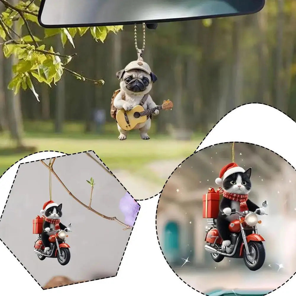 Motocicleta gato acrílico pendurado decoração árvore de natal carro 2d plana equitação gatinho pendurado ornamento dos desenhos animados pingente para natal