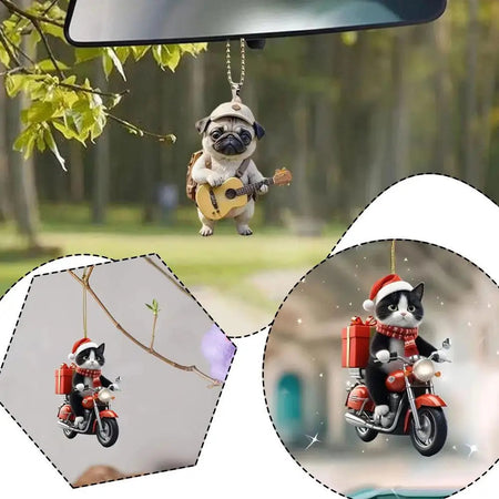 Motocicleta gato acrílico pendurado decoração árvore de natal carro 2d plana equitação gatinho pendurado ornamento dos desenhos animados pingente para natal