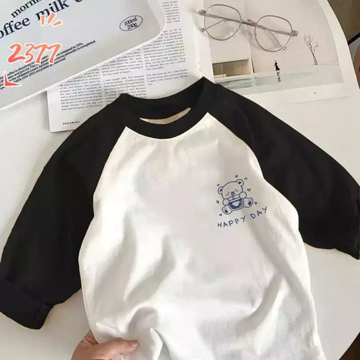 T-shirt de manga comprida para menino e menina, top de algodão puro, design cartoon, novo outono e inverno