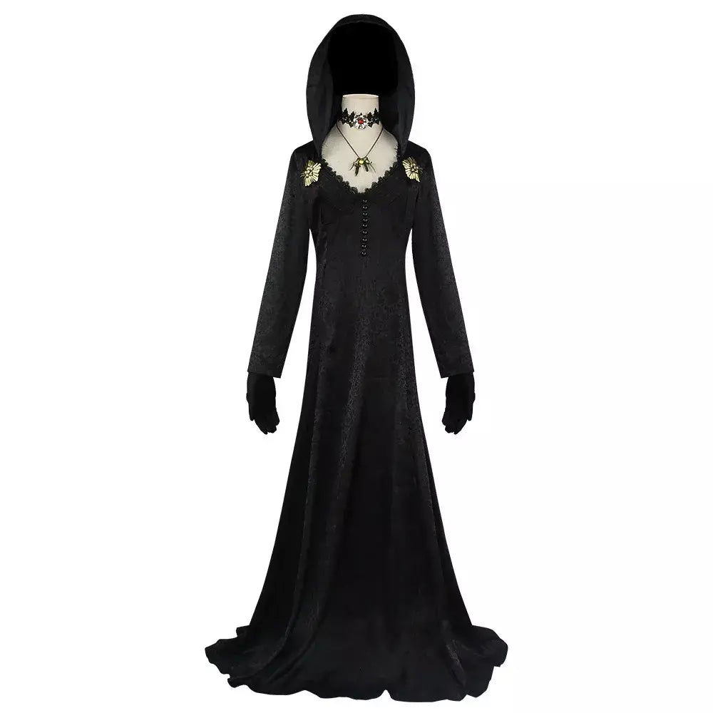Em estoque traça senhora mal cosplay fantasia aldeia vampiro senhora dimitrescu traje feminino vestido preto halloween carnaval festa terno