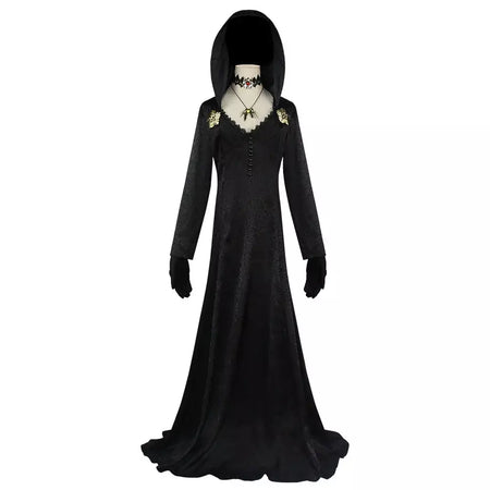 Em estoque traça senhora mal cosplay fantasia aldeia vampiro senhora dimitrescu traje feminino vestido preto halloween carnaval festa terno