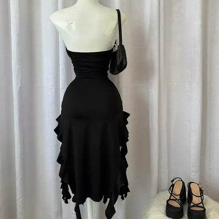 Mulheres sem alças sexy floral dobra hemline alta fenda mini vestido 2024 sólido sem costas sem mangas preto e rosa vestido de festa