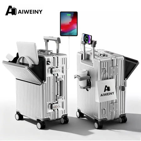 AIWEINY 2025 Mala de viagem rígida com estrutura em alumínio, resistente à pressão, com rodas omnidirecionais silenciosas de 360°, suporte para copos e prateleira, com fechadura TSA.
