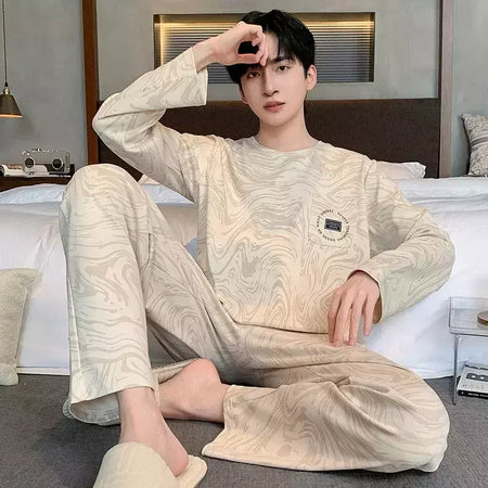 Pijama de algodão de duas peças masculino, calça de manga comprida, traje caseiro, estudante e adolescente, novo outono