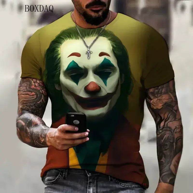 Camiseta masculina de manga curta, solta e casual, com padrão de palhaço aterrorizante, impressa em 3D, tamanho grande 6XL, verão