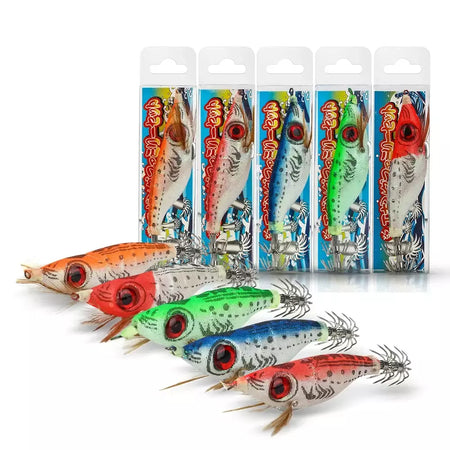 Dndyuju 5 pçs 9g/10cm isca de pesca chumbo chumbada lula gabarito gancho conjunto camarão de madeira artificial polvo choco camarão isca dura