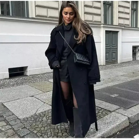 Trench coat maxi oversized feminino com lapela entalhada com cinto duplo breasted vintage streetwear 2025 tendência casual casacos diários
