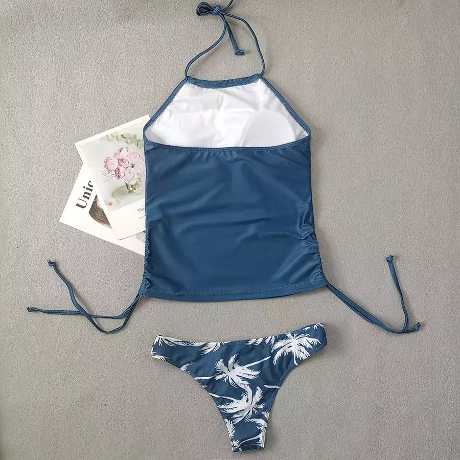 Conjunto de tankini amarrado monocromático feminino, maiô halter, maiô sexy, maiô de praia sem costas, biquíni verão, 2024