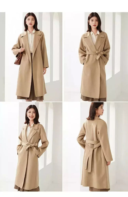 Casaco de lã dupla face feminino com cinto, fivela, 10% casaco de caxemira, cintura amarrada, top longo, moda outono e inverno, 90% lã, novo