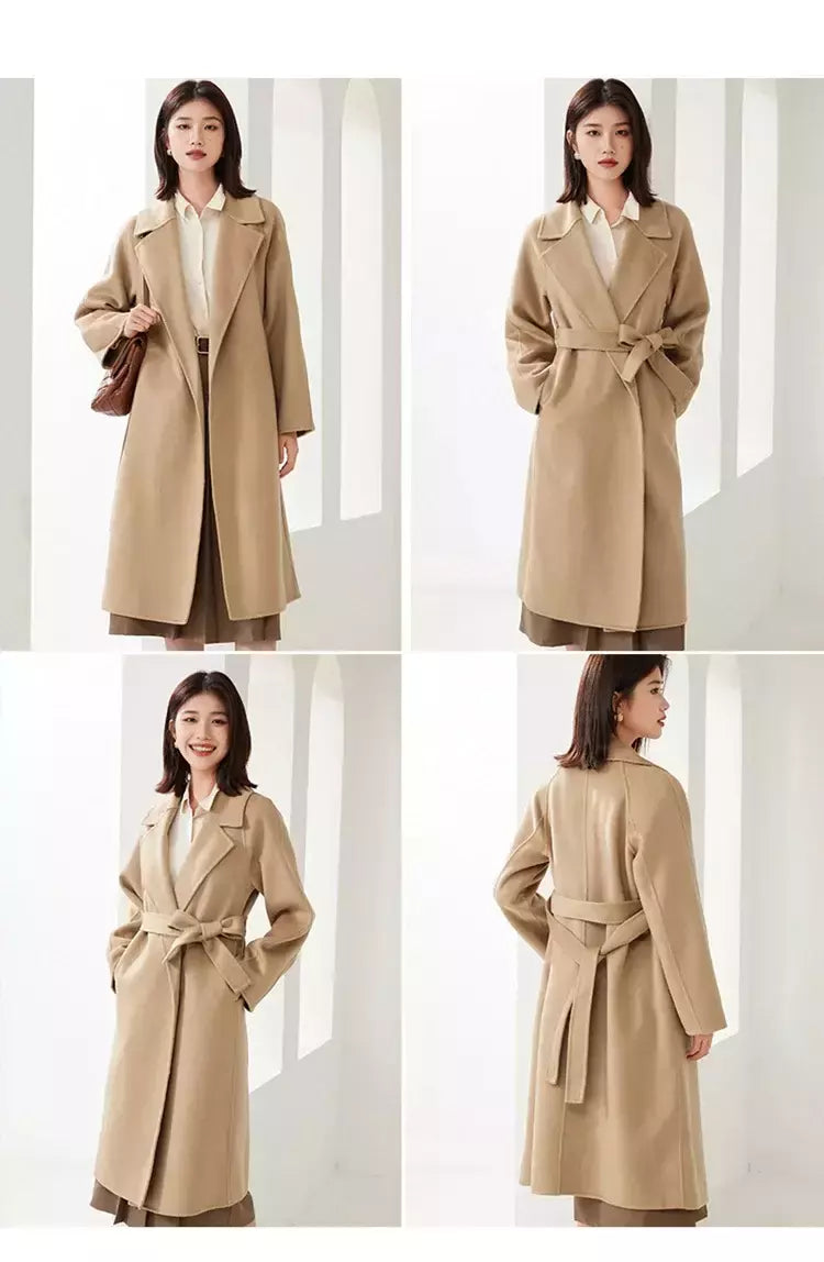 Casaco de lã dupla face feminino com cinto, fivela, 10% casaco de caxemira, cintura amarrada, top longo, moda outono e inverno, 90% lã, novo