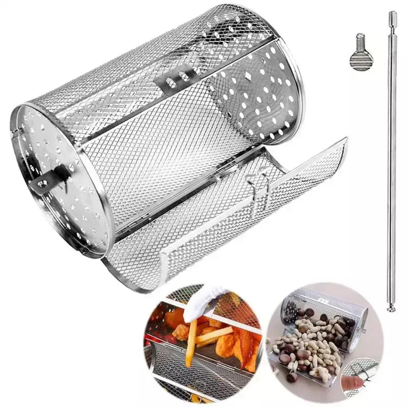 Forno de aço inoxidável rotativo redondo grill gaiola nozes grãos café cesta cozimento para churrasco fritadeira ar rotisserie acessórios