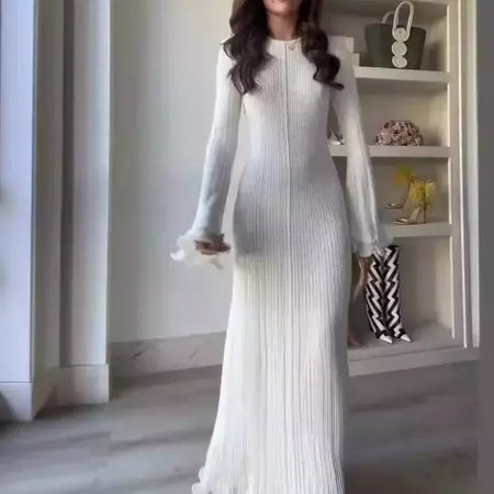 Elegante vestido de malha de manga comprida feminino, gola redonda, vestes finas brancas, vestidos de festa femininos, moda feminina, verão, outono, novo, 2022
