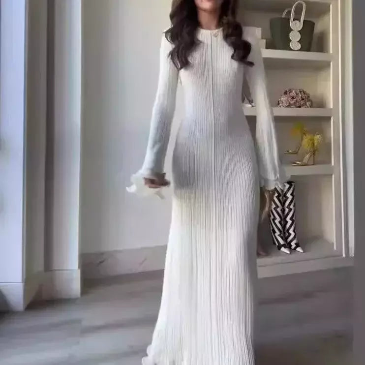 Elegante vestido de malha de manga comprida feminino, gola redonda, vestes finas brancas, vestidos de festa femininos, moda feminina, verão, outono, novo, 2022