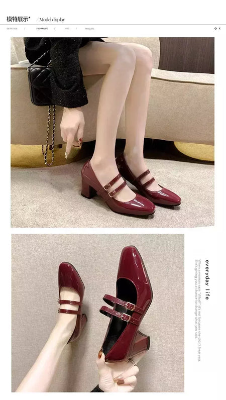Sapatos Mary Janes de fivela dupla feminina, couro envernizado, cabeça quadrada, salto quadrado, cor sólida, primavera, outono, 2022