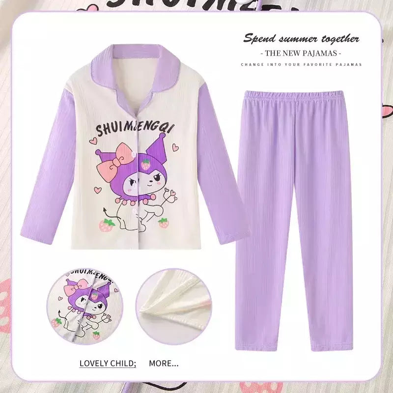 Sanrio Cinnamon Kuromi Pijama infantil, pijama solto, cardigã casual, manga longa, minha melodia, roupas de anime kawaii, gola aleta