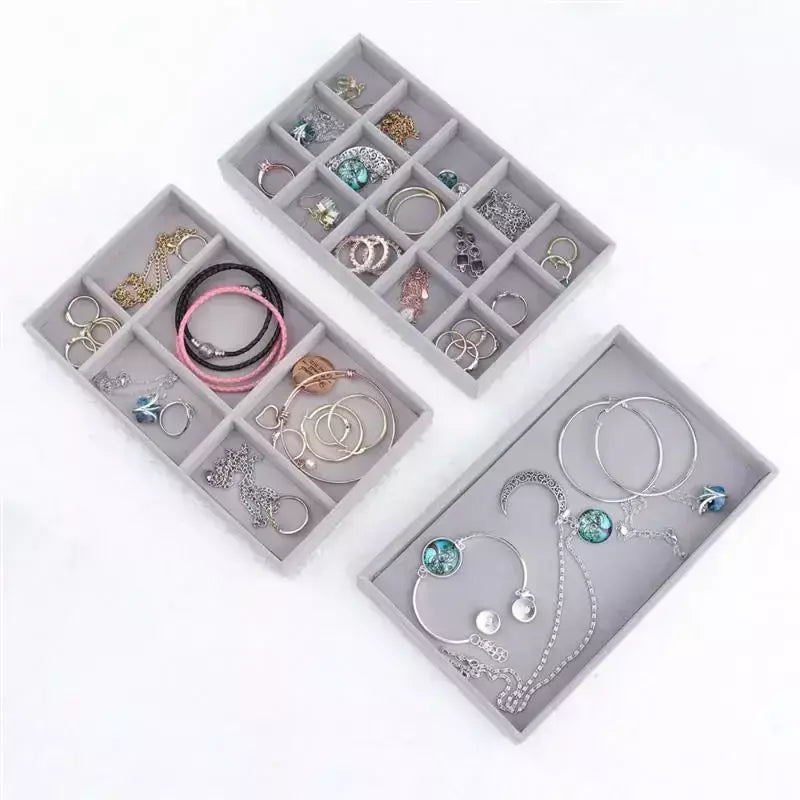 Atualizar caixa de armazenamento de jóias de veludo colar empilhável bandeja de exibição pulseira brinco organizadores diy artesanato gaveta caixa cinza