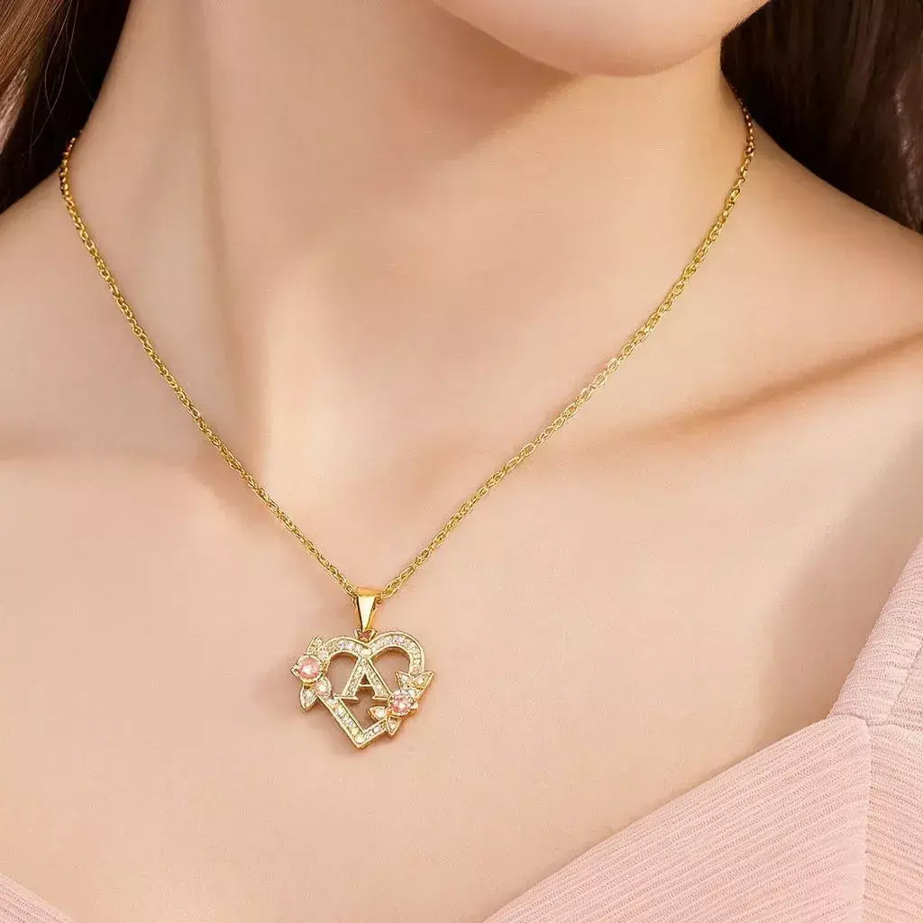 Venda quente oco amor flor 26 letras em inglês pingente de diamante senhora colar pingente personalizado moda clavícula corrente
