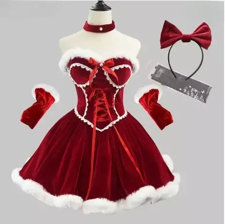 Ano novo vestido vermelho manto cosplay plus size roupas de natal capa feminina role play outfit conjunto completo quente traje de férias meninas