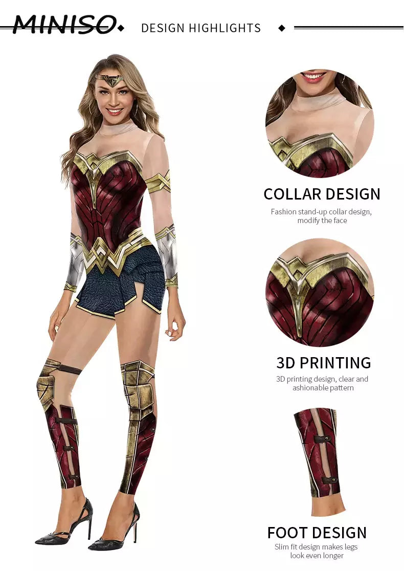 Miniso cosplay filme mulher maravilha traje festa de halloween impressão sexy macacão desempenho palco zentai bodysuit roupas femininas